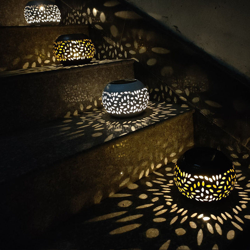 Modern Art Deco Waterproof Solar Hollowed-Out Bowl Iron LED Outdoor Light Landscape Lighting For Garden