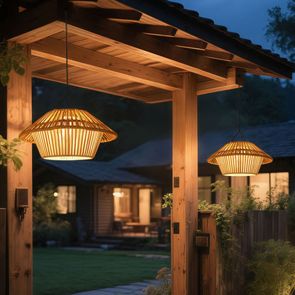 Traditional Rustic Waterproof Solar USB Mushroom Rattan Weaving Iron Outdoor LED Pendant Light Landscape Lighting For Garden