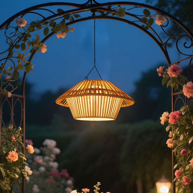 Traditional Rustic Waterproof Solar USB Mushroom Rattan Weaving Iron Outdoor LED Pendant Light Landscape Lighting For Garden