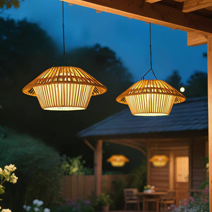 Traditional Rustic Waterproof Solar USB Mushroom Rattan Weaving Iron Outdoor LED Pendant Light Landscape Lighting For Garden