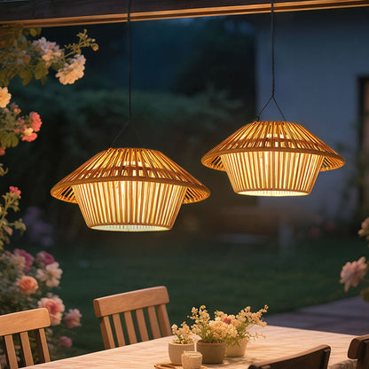 Traditional Rustic Waterproof Solar USB Mushroom Rattan Weaving Iron Outdoor LED Pendant Light Landscape Lighting For Garden