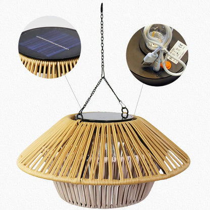 Traditional Rustic Waterproof Solar USB Mushroom Rattan Weaving Iron Outdoor LED Pendant Light Landscape Lighting For Garden