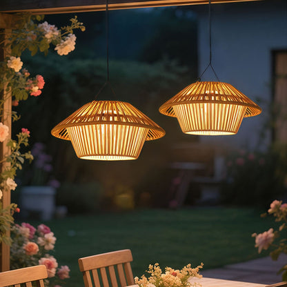 Traditional Rustic Waterproof Solar USB Mushroom Rattan Weaving Iron Outdoor LED Pendant Light Landscape Lighting For Garden