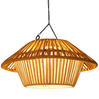 Traditional Rustic Waterproof Solar USB Mushroom Rattan Weaving Iron Outdoor LED Pendant Light Landscape Lighting For Garden