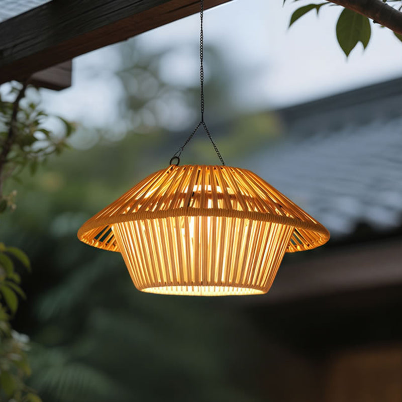 Traditional Rustic Waterproof Solar USB Mushroom Rattan Weaving Iron Outdoor LED Pendant Light Landscape Lighting For Garden