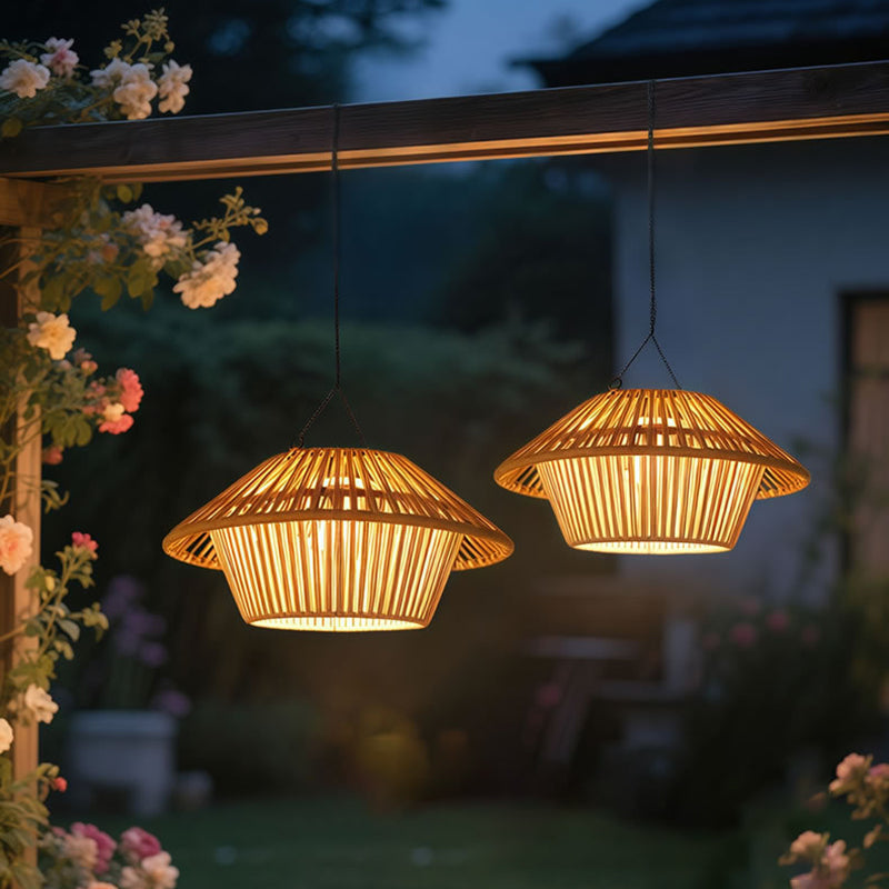 Traditional Rustic Waterproof Solar USB Mushroom Rattan Weaving Iron Outdoor LED Pendant Light Landscape Lighting For Garden