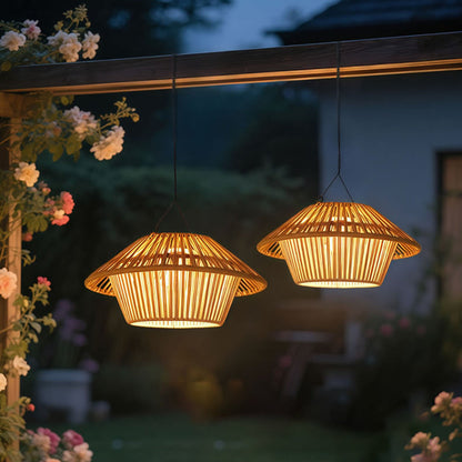 Traditional Rustic Waterproof Solar USB Mushroom Rattan Weaving Iron Outdoor LED Pendant Light Landscape Lighting For Garden