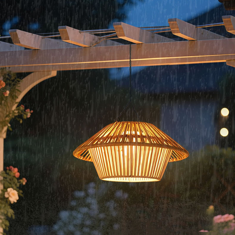 Traditional Rustic Waterproof Solar USB Mushroom Rattan Weaving Iron Outdoor LED Pendant Light Landscape Lighting For Garden
