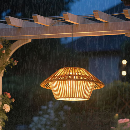 Traditional Rustic Waterproof Solar USB Mushroom Rattan Weaving Iron Outdoor LED Pendant Light Landscape Lighting For Garden