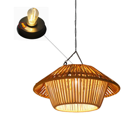 Traditional Rustic Waterproof Solar USB Mushroom Rattan Weaving Iron Outdoor LED Pendant Light Landscape Lighting For Garden