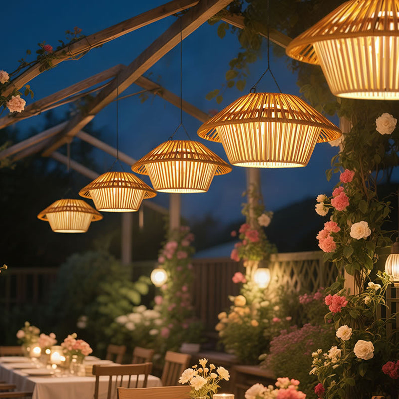 Traditional Rustic Waterproof Solar USB Mushroom Rattan Weaving Iron Outdoor LED Pendant Light Landscape Lighting For Garden