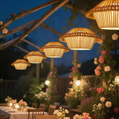 Traditional Rustic Waterproof Solar USB Mushroom Rattan Weaving Iron Outdoor LED Pendant Light Landscape Lighting For Garden