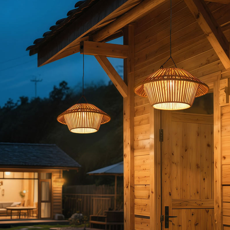 Traditional Rustic Waterproof Solar USB Mushroom Rattan Weaving Iron Outdoor LED Pendant Light Landscape Lighting For Garden