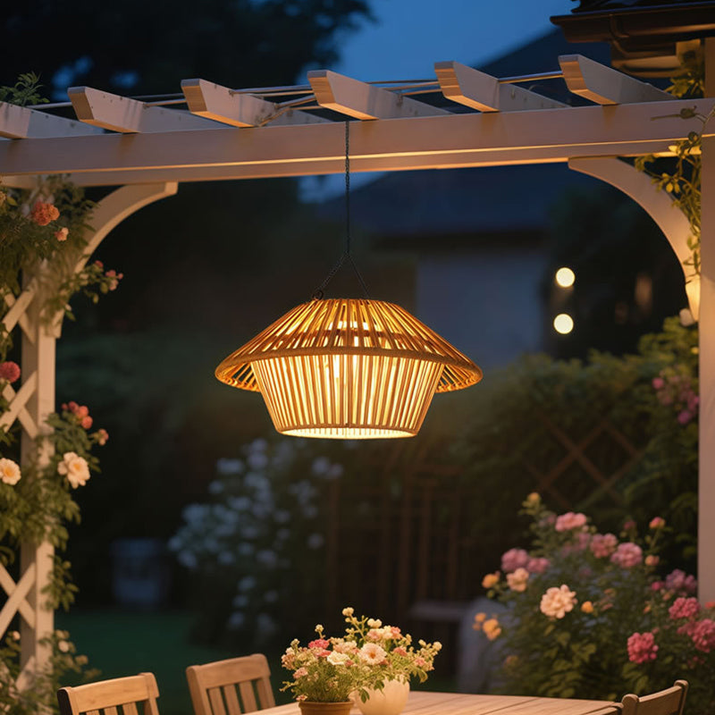 Traditional Rustic Waterproof Solar USB Mushroom Rattan Weaving Iron Outdoor LED Pendant Light Landscape Lighting For Garden