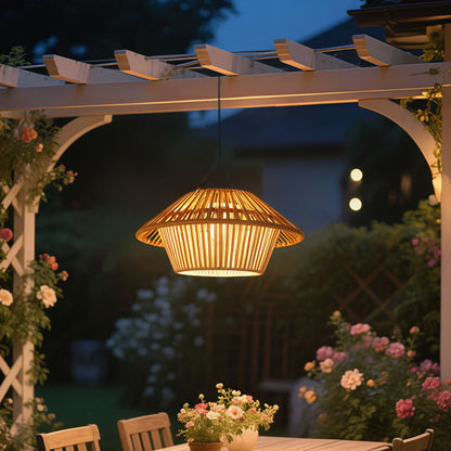 Traditional Rustic Waterproof Solar USB Mushroom Rattan Weaving Iron Outdoor LED Pendant Light Landscape Lighting For Garden