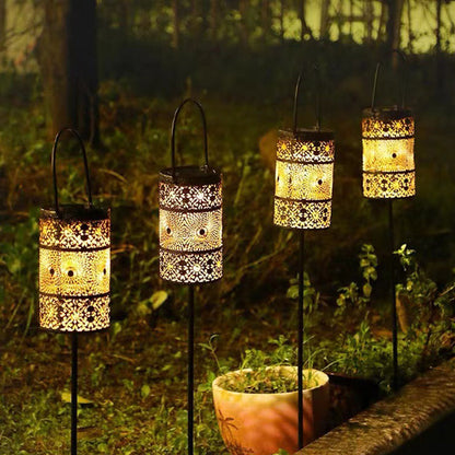Modern Art Deco Waterproof Solar Carved Lantern Cylindrical Iron LED Outdoor Light Landscape Lighting For Garden