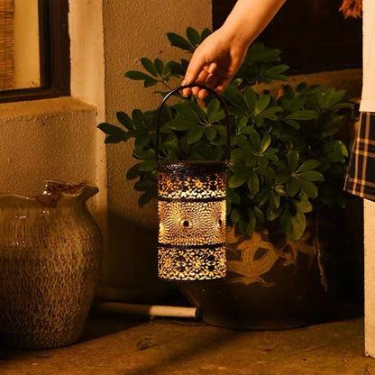 Modern Art Deco Waterproof Solar Carved Lantern Cylindrical Iron LED Outdoor Light Landscape Lighting For Garden