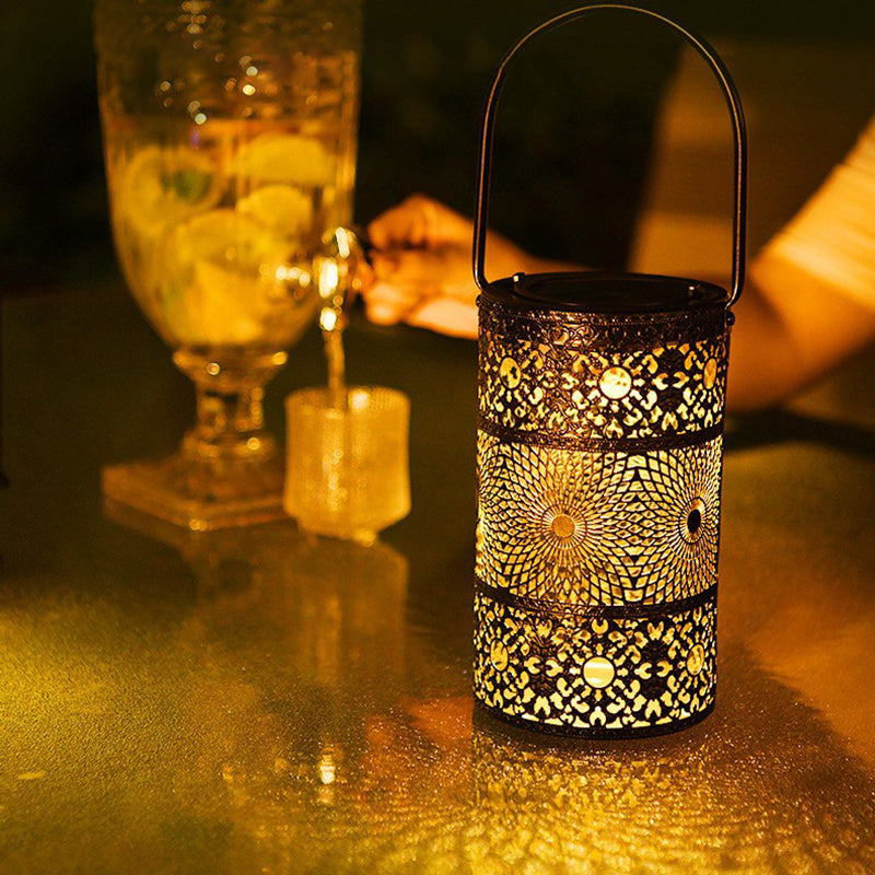 Modern Art Deco Waterproof Solar Carved Lantern Cylindrical Iron LED Outdoor Light Landscape Lighting For Garden