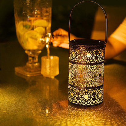 Modern Art Deco Waterproof Solar Carved Lantern Cylindrical Iron LED Outdoor Light Landscape Lighting For Garden