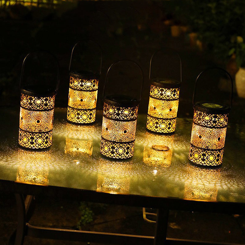 Modern Art Deco Waterproof Solar Carved Lantern Cylindrical Iron LED Outdoor Light Landscape Lighting For Garden