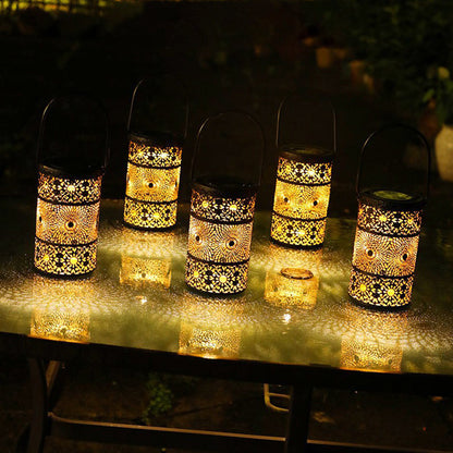 Modern Art Deco Waterproof Solar Carved Lantern Cylindrical Iron LED Outdoor Light Landscape Lighting For Garden