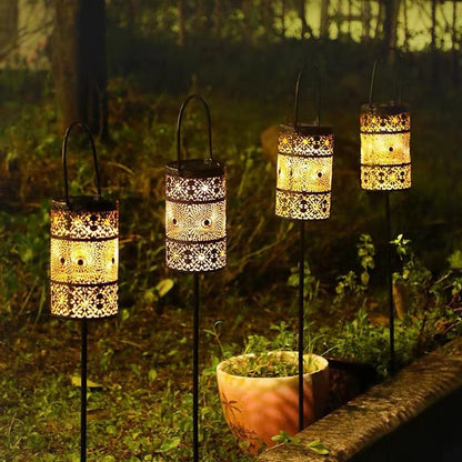 Modern Art Deco Waterproof Solar Carved Lantern Cylindrical Iron LED Outdoor Light Landscape Lighting For Garden
