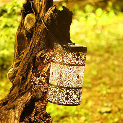 Modern Art Deco Waterproof Solar Carved Lantern Cylindrical Iron LED Outdoor Light Landscape Lighting For Garden