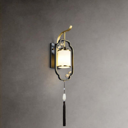 Traditional Chinese Cylindrical Copper Glass 1-Light Wall Sconce Lamp For Hallway