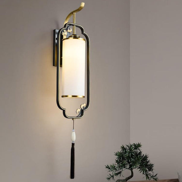Traditional Chinese Cylindrical Copper Glass 1-Light Wall Sconce Lamp For Hallway
