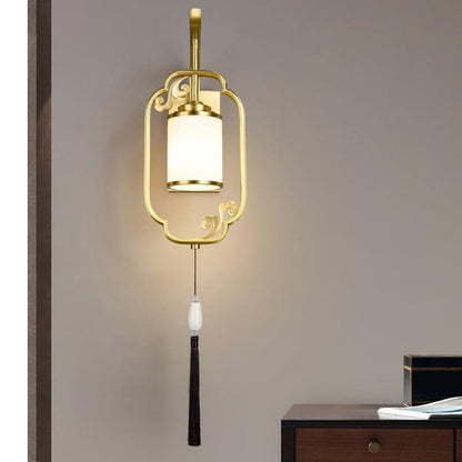 Traditional Chinese Cylindrical Copper Glass 1-Light Wall Sconce Lamp For Hallway