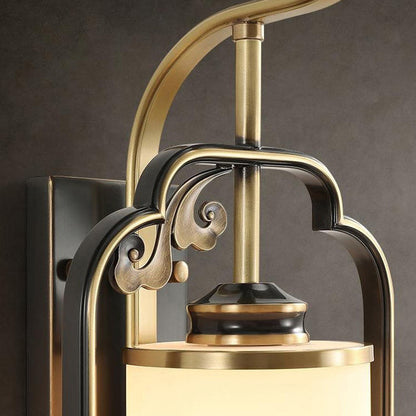 Traditional Chinese Cylindrical Copper Glass 1-Light Wall Sconce Lamp For Hallway