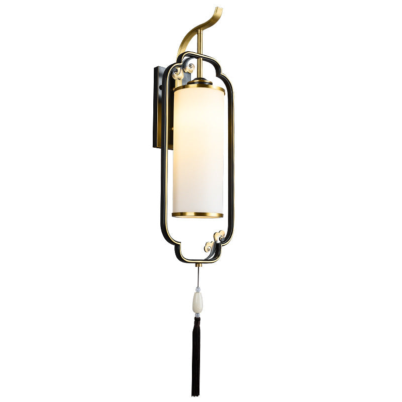 Traditional Chinese Cylindrical Copper Glass 1-Light Wall Sconce Lamp For Hallway