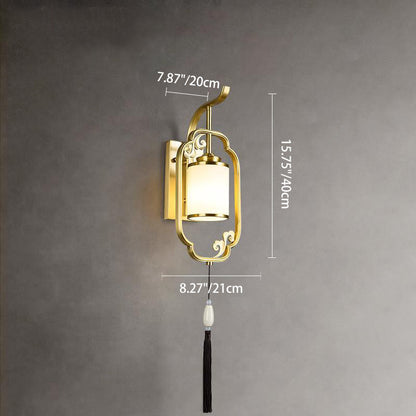 Traditional Chinese Cylindrical Copper Glass 1-Light Wall Sconce Lamp For Hallway