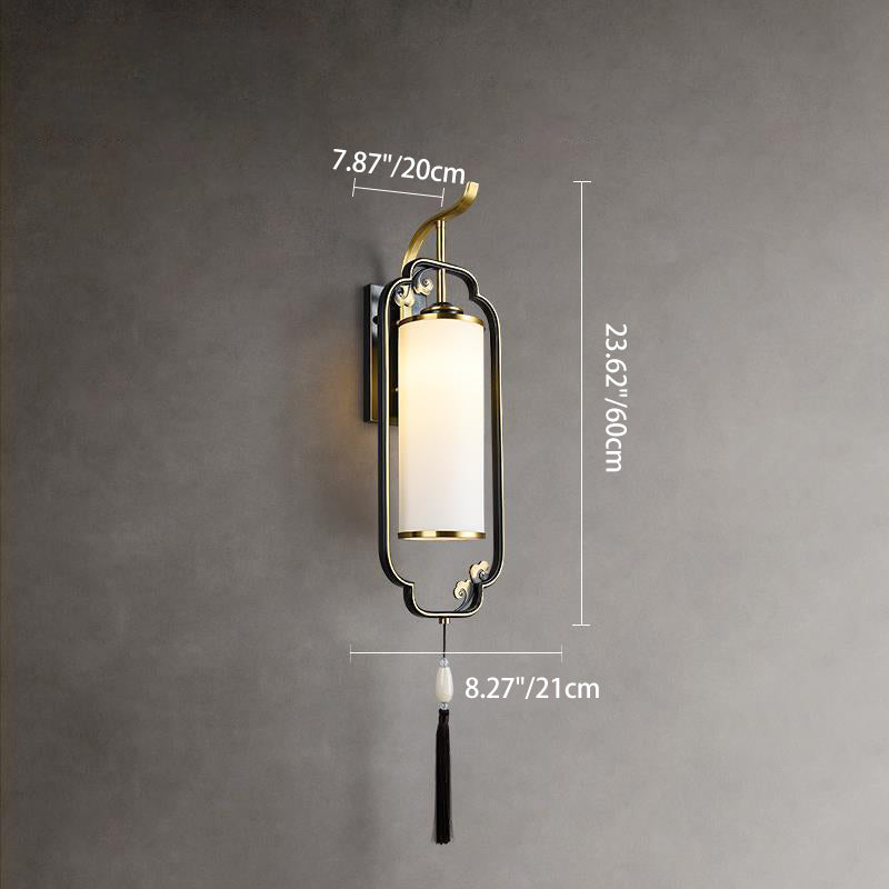 Traditional Chinese Cylindrical Copper Glass 1-Light Wall Sconce Lamp For Hallway