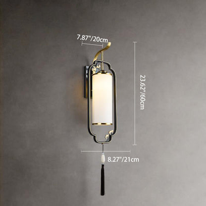 Traditional Chinese Cylindrical Copper Glass 1-Light Wall Sconce Lamp For Hallway