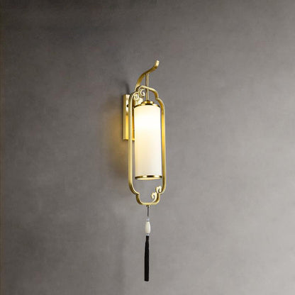 Traditional Chinese Cylindrical Copper Glass 1-Light Wall Sconce Lamp For Hallway