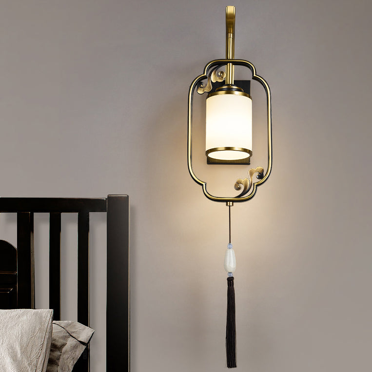 Traditional Chinese Cylindrical Copper Glass 1-Light Wall Sconce Lamp For Hallway