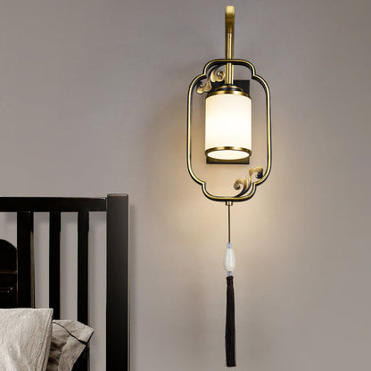 Traditional Chinese Cylindrical Copper Glass 1-Light Wall Sconce Lamp For Hallway