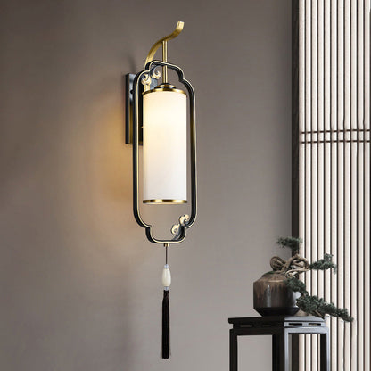 Traditional Chinese Cylindrical Copper Glass 1-Light Wall Sconce Lamp For Hallway