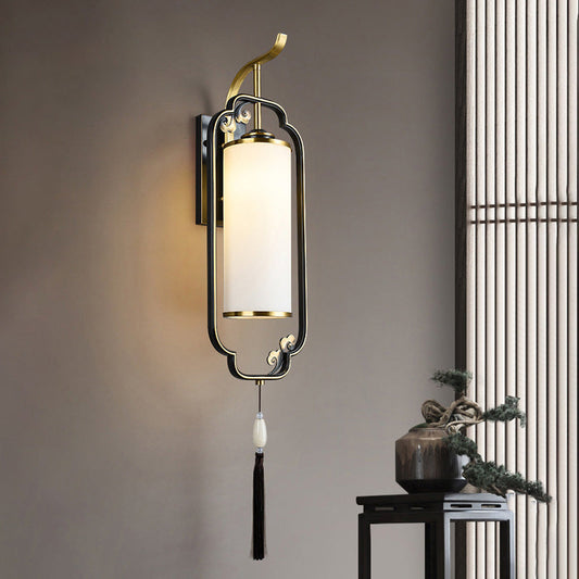 Traditional Chinese Cylindrical Copper Glass 1-Light Wall Sconce Lamp For Hallway