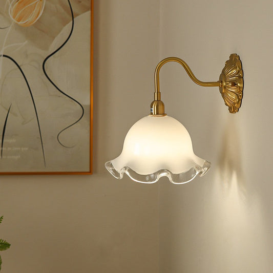 Traditional Rustic Flower Brass Glass 1-Light Wall Sconce Lamp For Bedroom