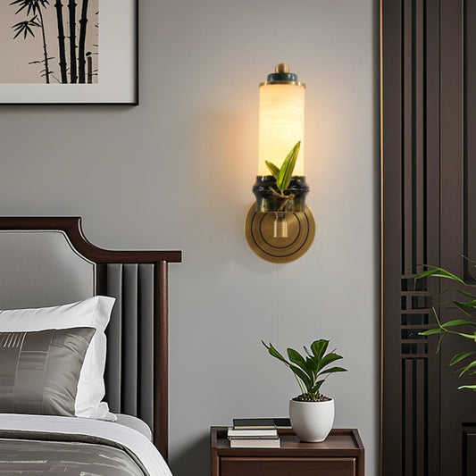 Traditional Chinese Cylindrical Brass Jade LED Wall Sconce Lamp For Entryway