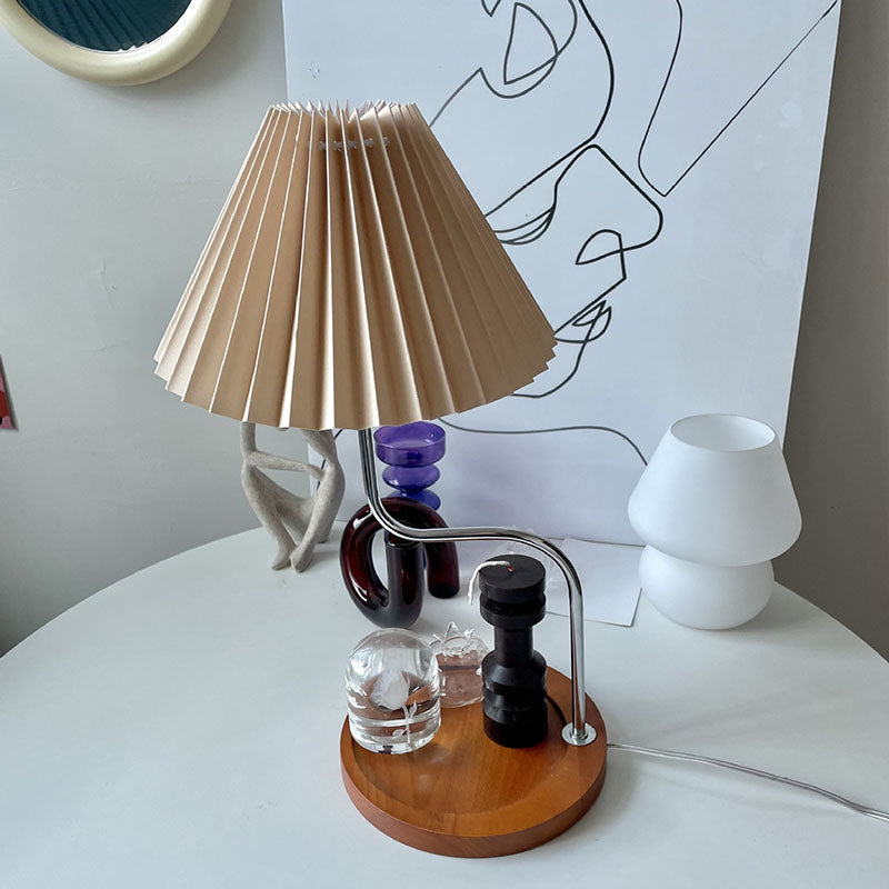 Traditional Vintage Wood Iron Fabric Umbrella 1-Light Table Lamp For Bedroom