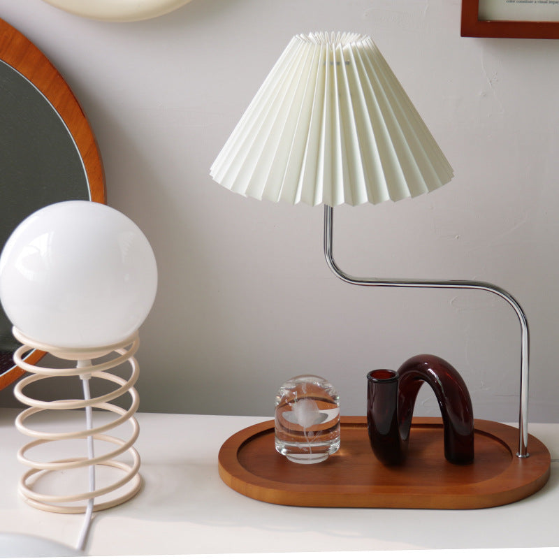 Traditional Vintage Wood Iron Fabric Umbrella 1-Light Table Lamp For Bedroom