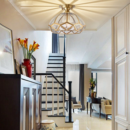 Modern Luxury Copper Glass Round 1-Light Semi-Flush Mount Ceiling Light For Hallway