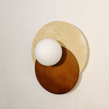 Traditional Japanese Travertine Glass Wood Round 1-Light Wall Sconce Lamp For Living Room