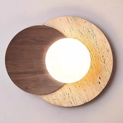 Traditional Japanese Travertine Glass Wood Round 1-Light Wall Sconce Lamp For Living Room