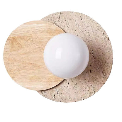 Traditional Japanese Travertine Glass Wood Round 1-Light Wall Sconce Lamp For Living Room
