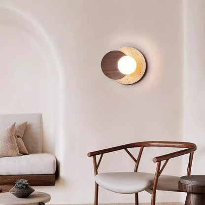 Traditional Japanese Travertine Glass Wood Round 1-Light Wall Sconce Lamp For Living Room