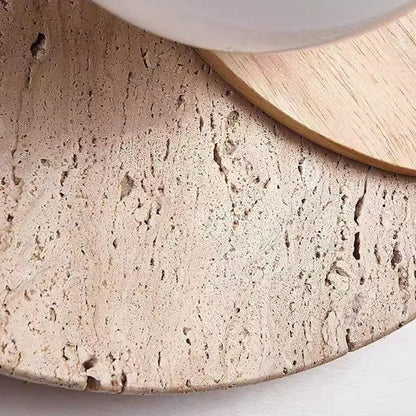 Traditional Japanese Travertine Glass Wood Round 1-Light Wall Sconce Lamp For Living Room